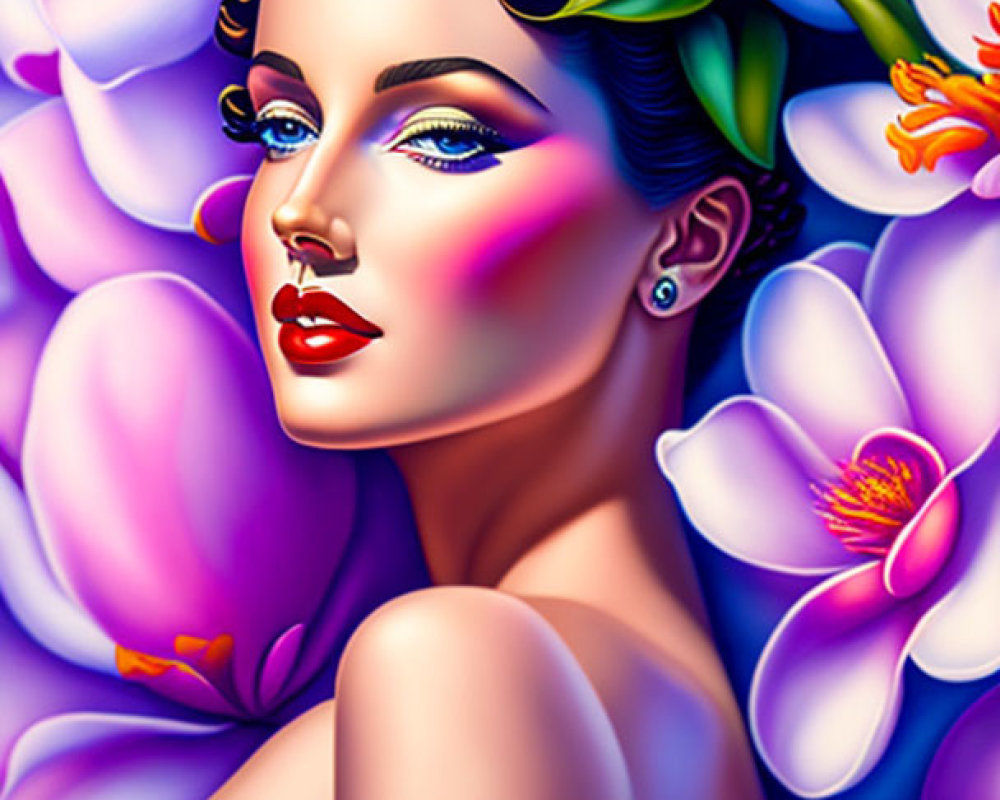 Colorful portrait of a woman with vibrant flowers and striking makeup