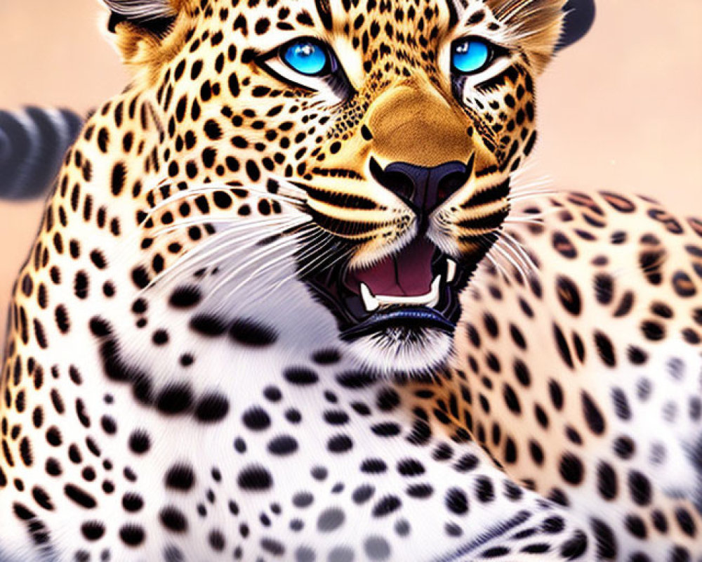 Detailed digital illustration of a leopard with blue eyes and open mouth on gradient background