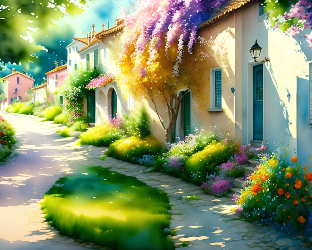 Colorful Flowers and Quaint Houses on Sunny Street