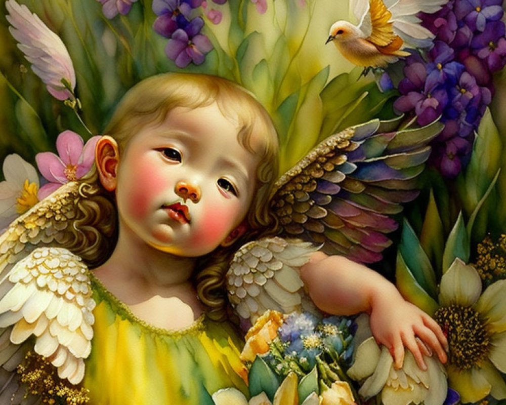 Cherubic child with angel wings in colorful floral scene