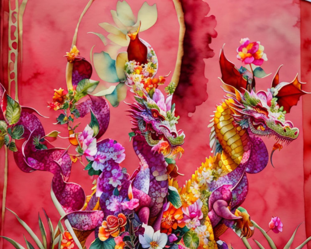 Vibrant Dragon Illustration Among Flowers on Red Background