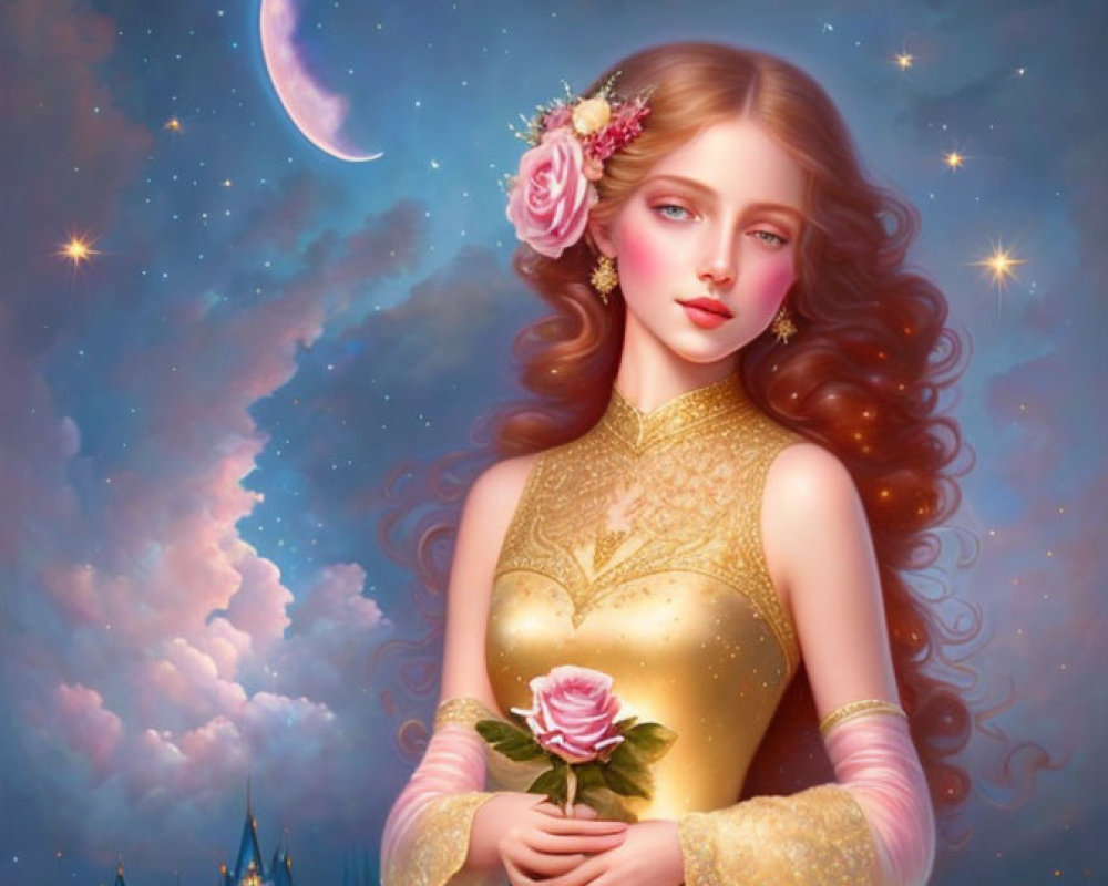 Fantasy illustration of woman with flowers, rose, crescent moon, castle under starry sky