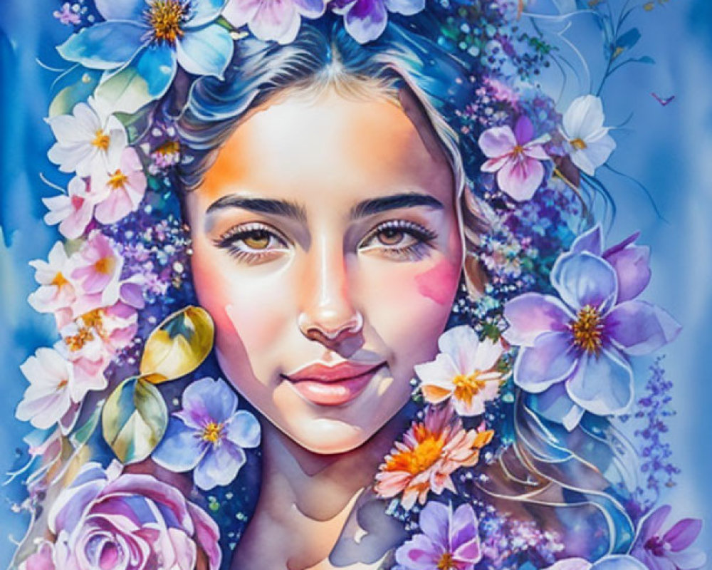 Colorful Watercolor Painting of Young Woman with Flower Crown on Blue Background