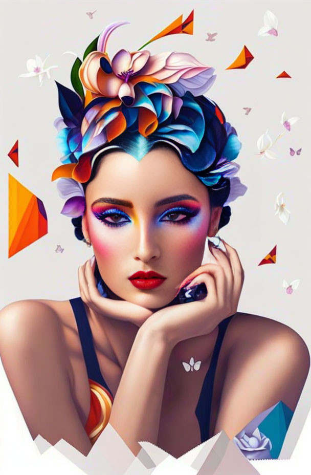 Colorful Floral Headpiece Woman Artwork with Butterflies on Geometric Background