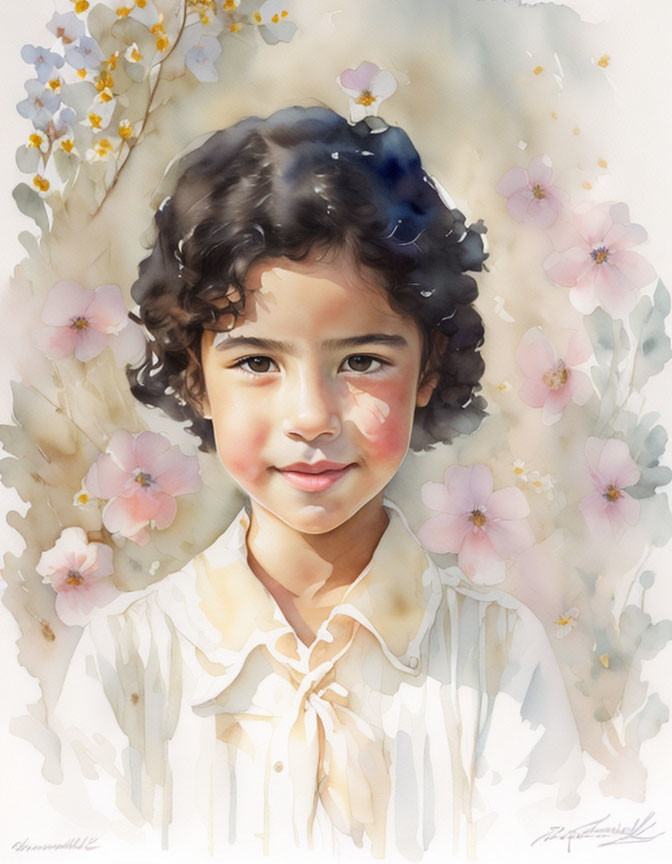 Smiling child with curly hair in watercolor portrait