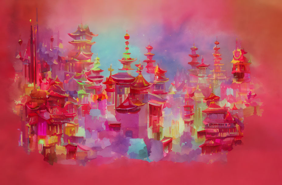 Colorful Asian-inspired fantasy cityscape with pagoda-like buildings in mystical fog