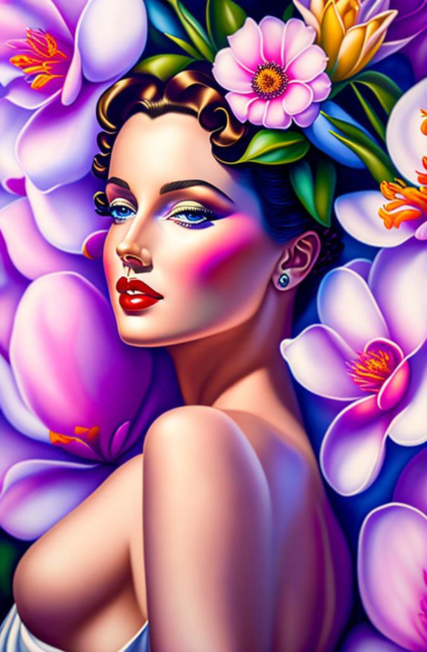 Colorful portrait of a woman with vibrant flowers and striking makeup