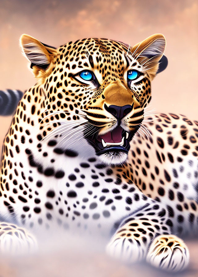 Detailed digital illustration of a leopard with blue eyes and open mouth on gradient background
