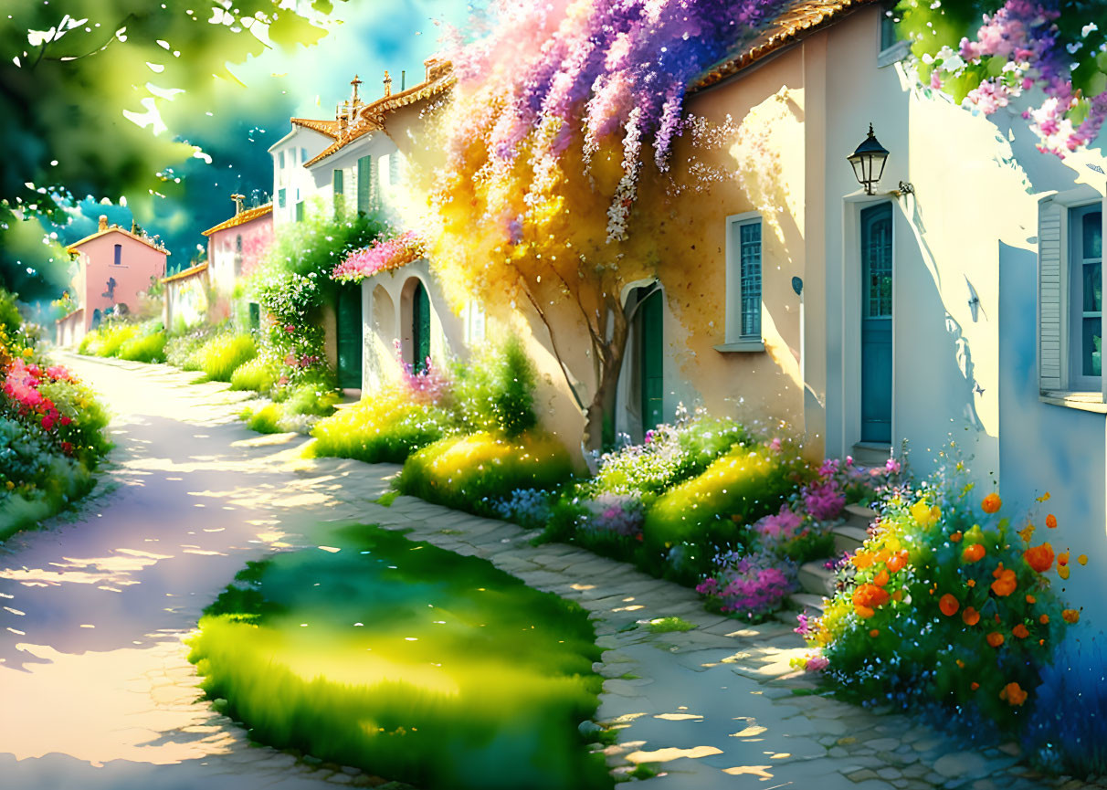 Colorful Flowers and Quaint Houses on Sunny Street