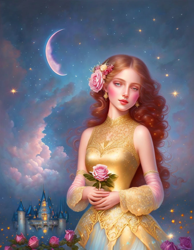 Fantasy illustration of woman with flowers, rose, crescent moon, castle under starry sky