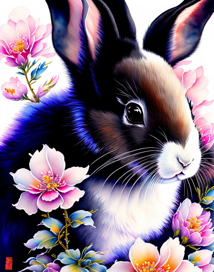 Vibrant close-up artwork of a rabbit with black and brown fur amidst pink flowers and green leaves