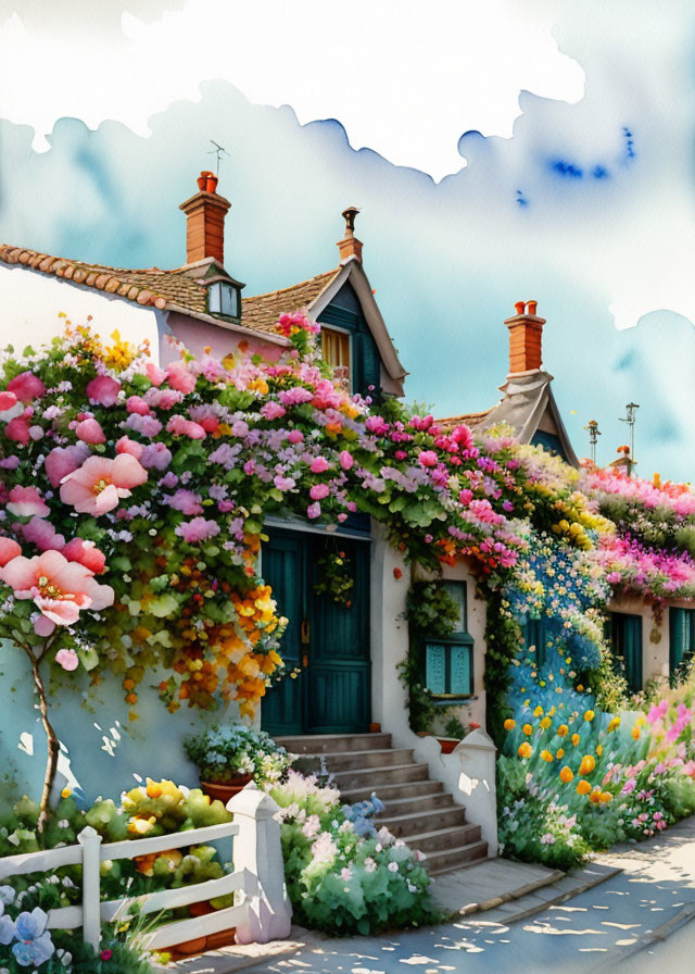 Vibrant garden with colorful flowers by charming cottage