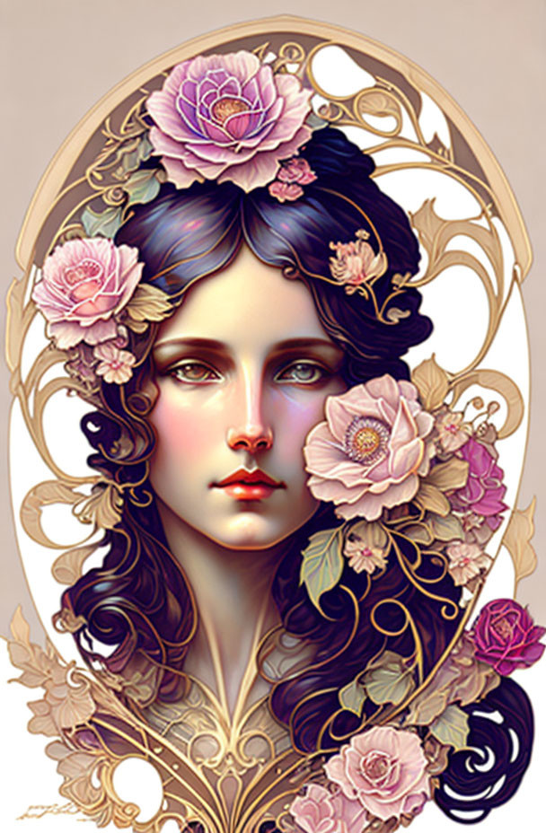 Detailed illustration of woman with dark hair and blue eyes surrounded by golden patterns and pink roses on oval backdrop