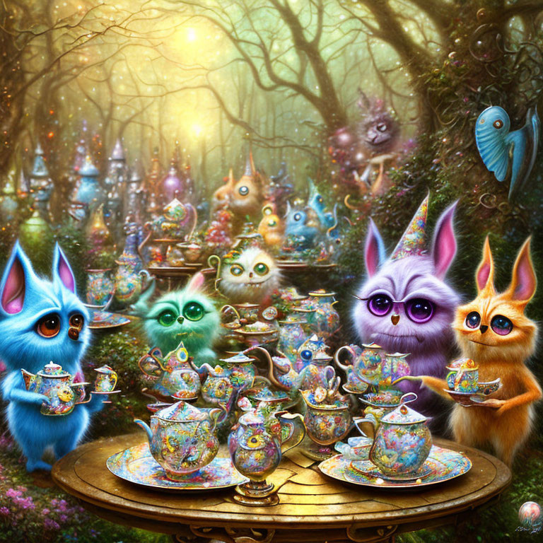 Colorful fantasy creatures at tea party in enchanted forest