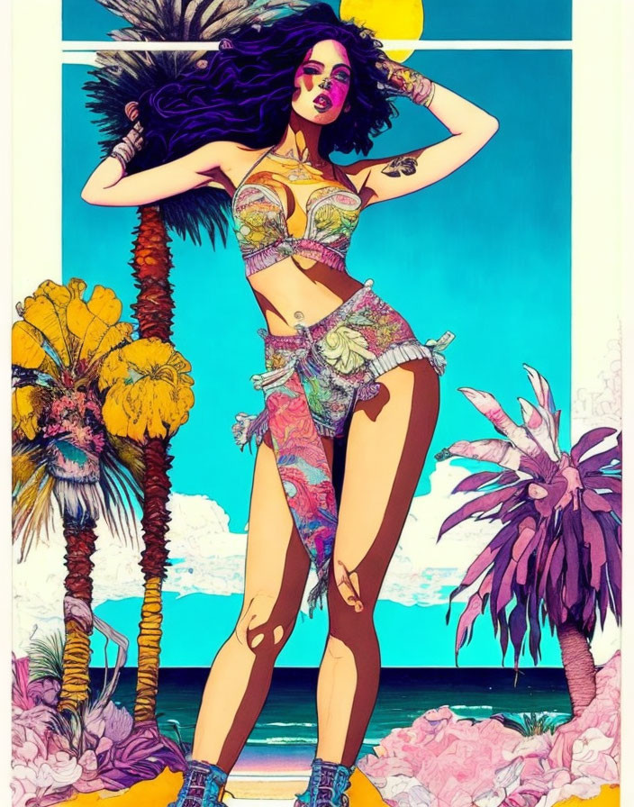 Colorful illustration of confident woman in tropical attire by palm trees