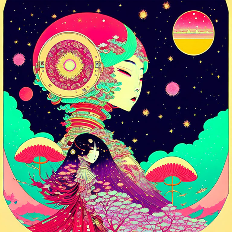 Psychedelic woman's face merging with cosmic background and planets.