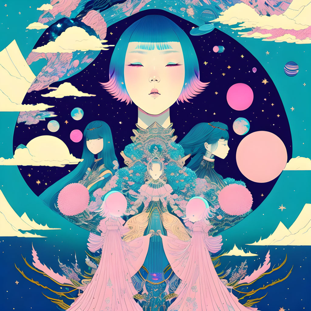 Surreal illustration of multiple female figures in cosmic setting