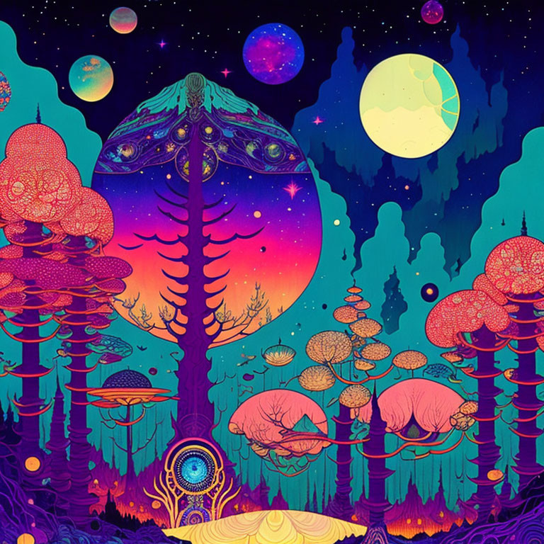 Colorful Psychedelic Forest Illustration with Surreal Trees and Celestial Bodies