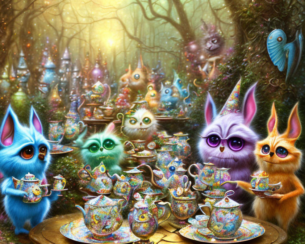 Colorful fantasy creatures at tea party in enchanted forest