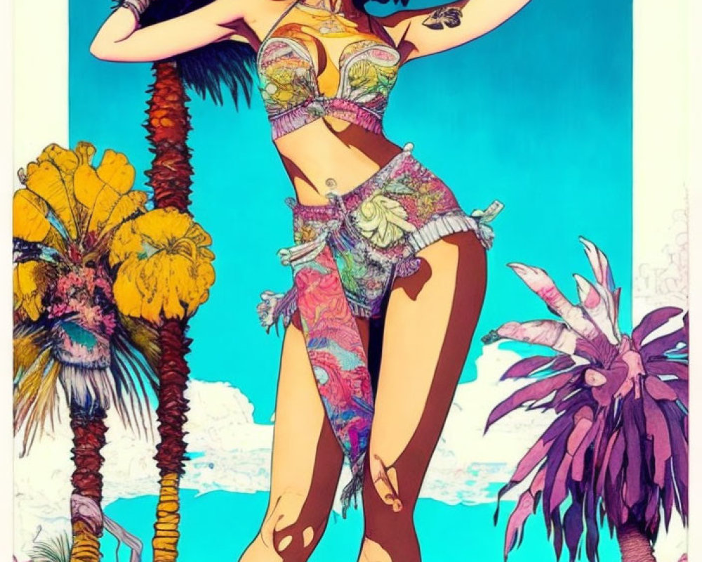 Colorful illustration of confident woman in tropical attire by palm trees