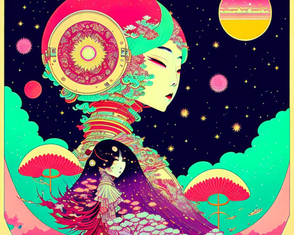 Psychedelic woman's face merging with cosmic background and planets.