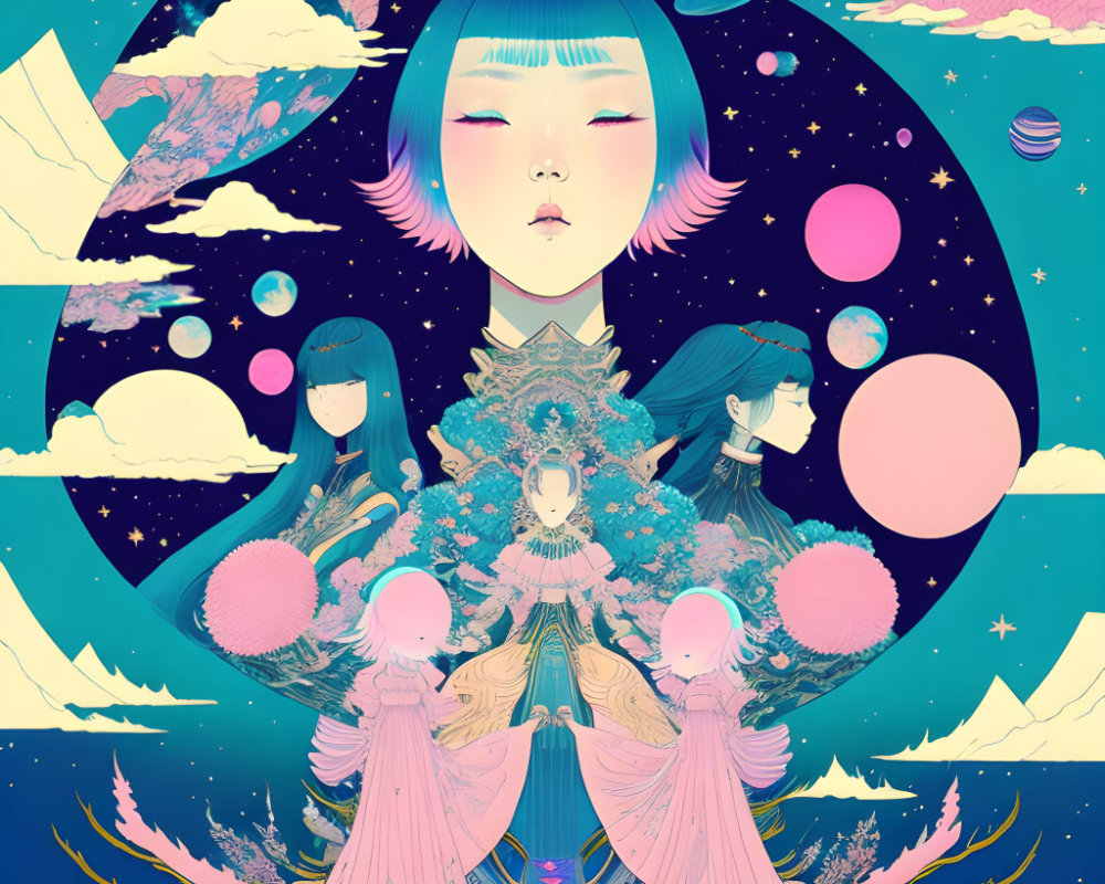 Surreal illustration of multiple female figures in cosmic setting