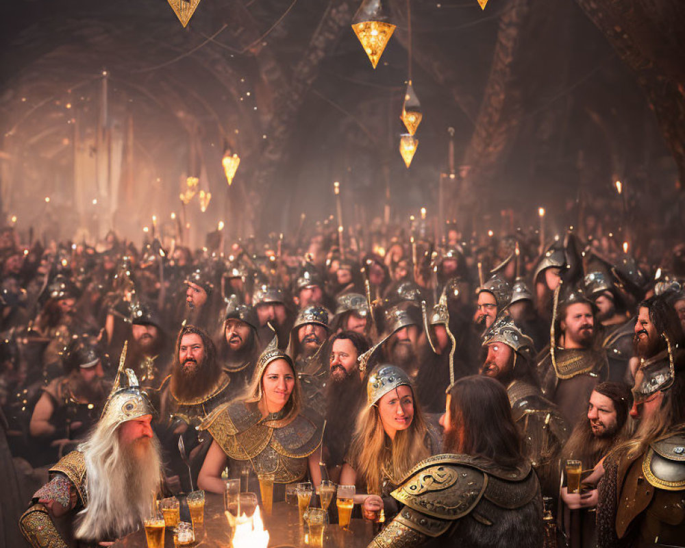 Viking-themed festive hall with ornate golden decor