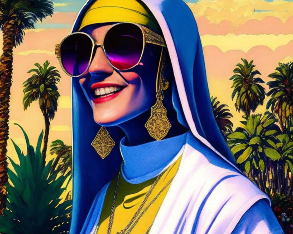 Smiling woman in sunglasses and headscarf with sunset and palms.