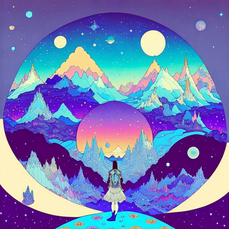 Colorful surreal landscape with snow-capped mountains, planets, moons, and starry sky.