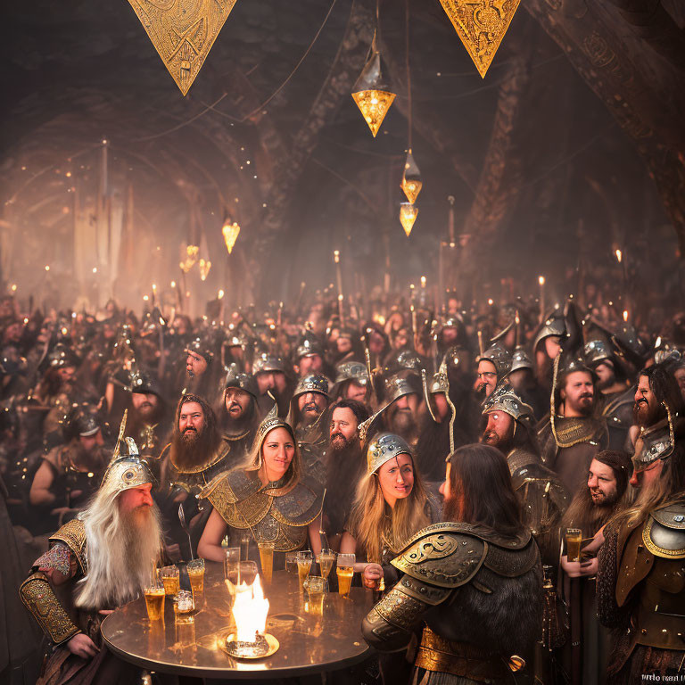 Viking-themed festive hall with ornate golden decor