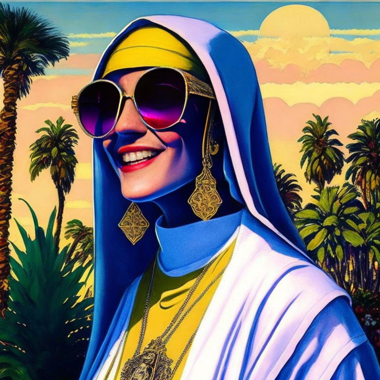 Smiling woman in sunglasses and headscarf with sunset and palms.