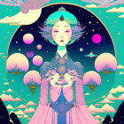 Surreal illustration of multiple female figures in cosmic setting