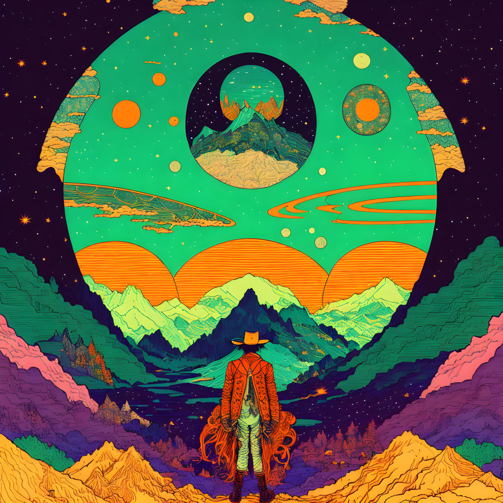 Cowboy hat person in cloak with vibrant psychedelic landscape, moon, and celestial bodies.