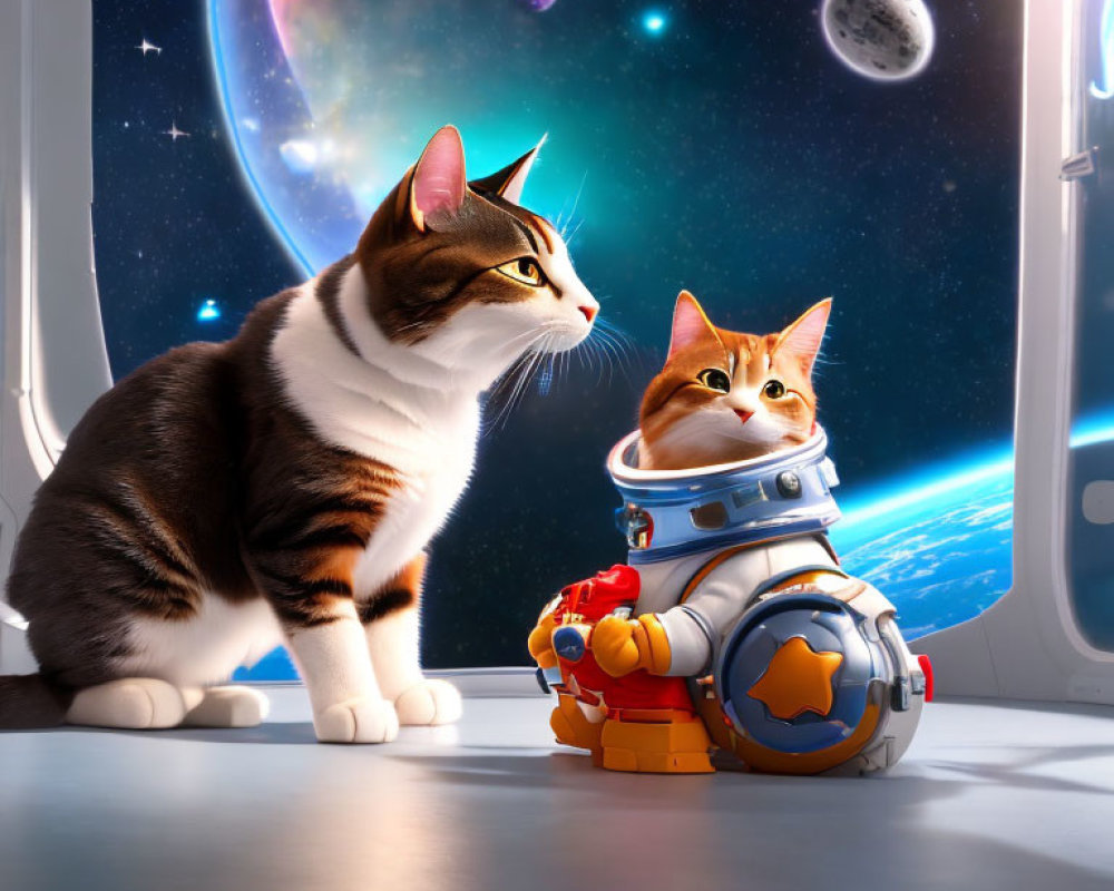 Two Cats in Spacecraft with Colorful Planets and Moon