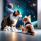 Two Cats in Spacecraft with Colorful Planets and Moon