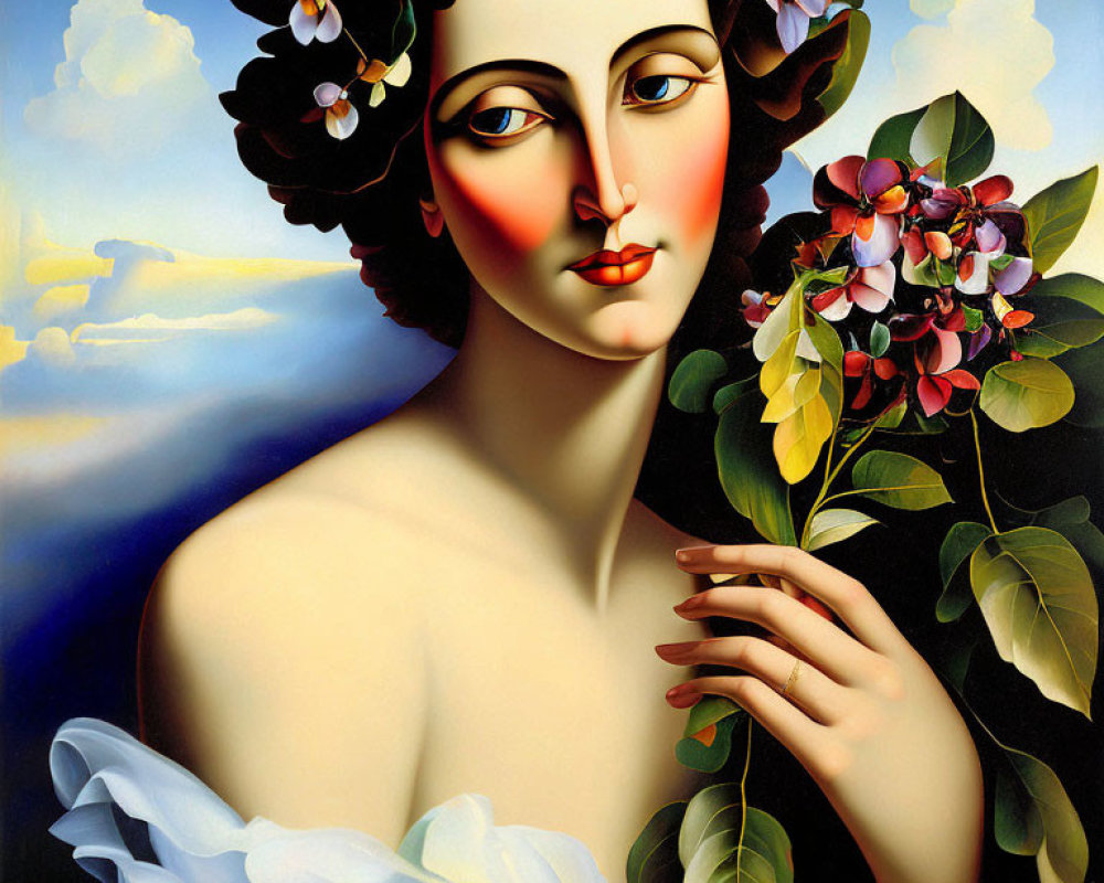 Surrealist painting of woman with stylized features and flowers, holding bouquet