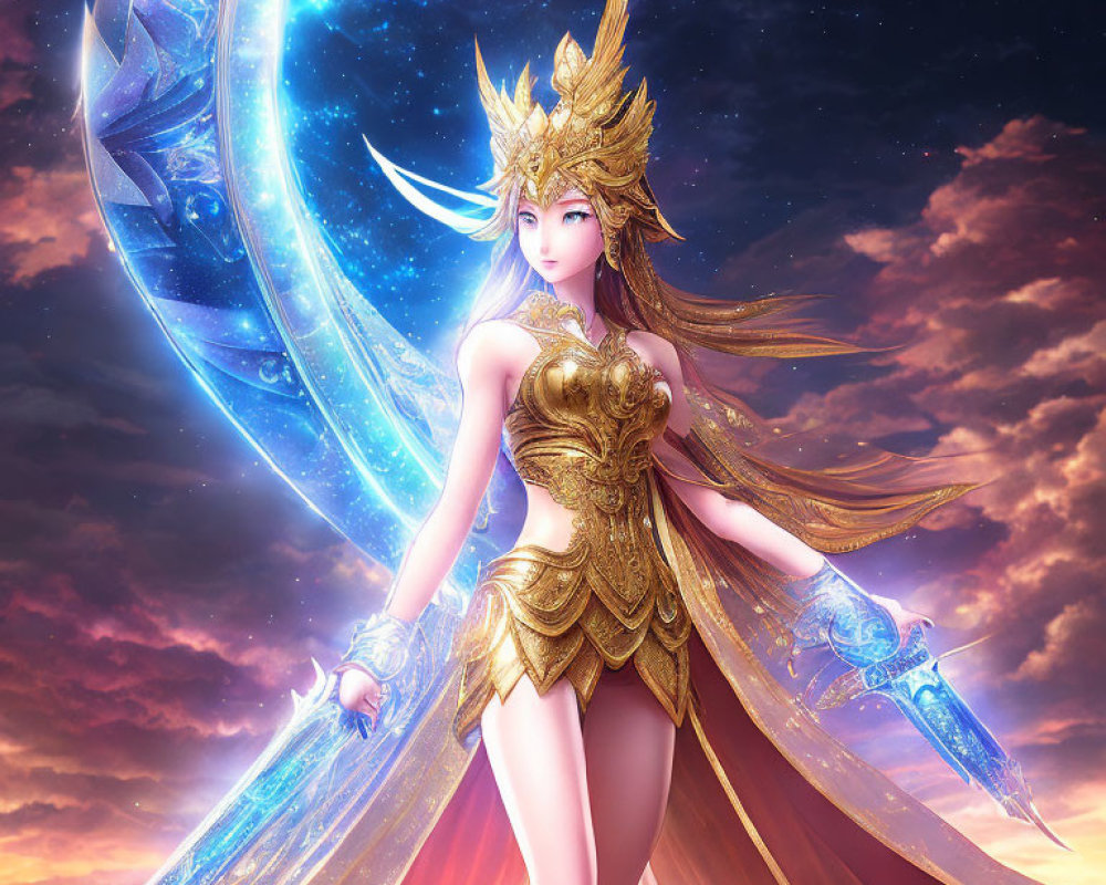 Female character in golden armor with crown wields glowing blue crescent blade against sunset sky