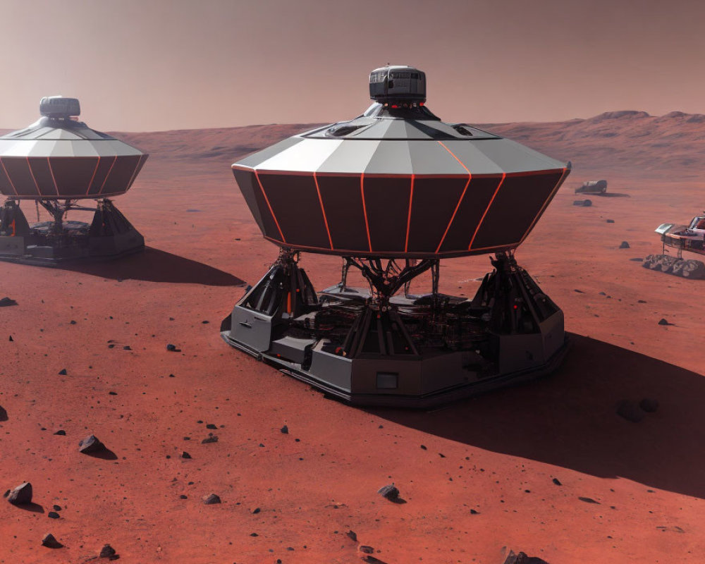 Geometric Mars Habitat Modules and Rover on Martian Surface