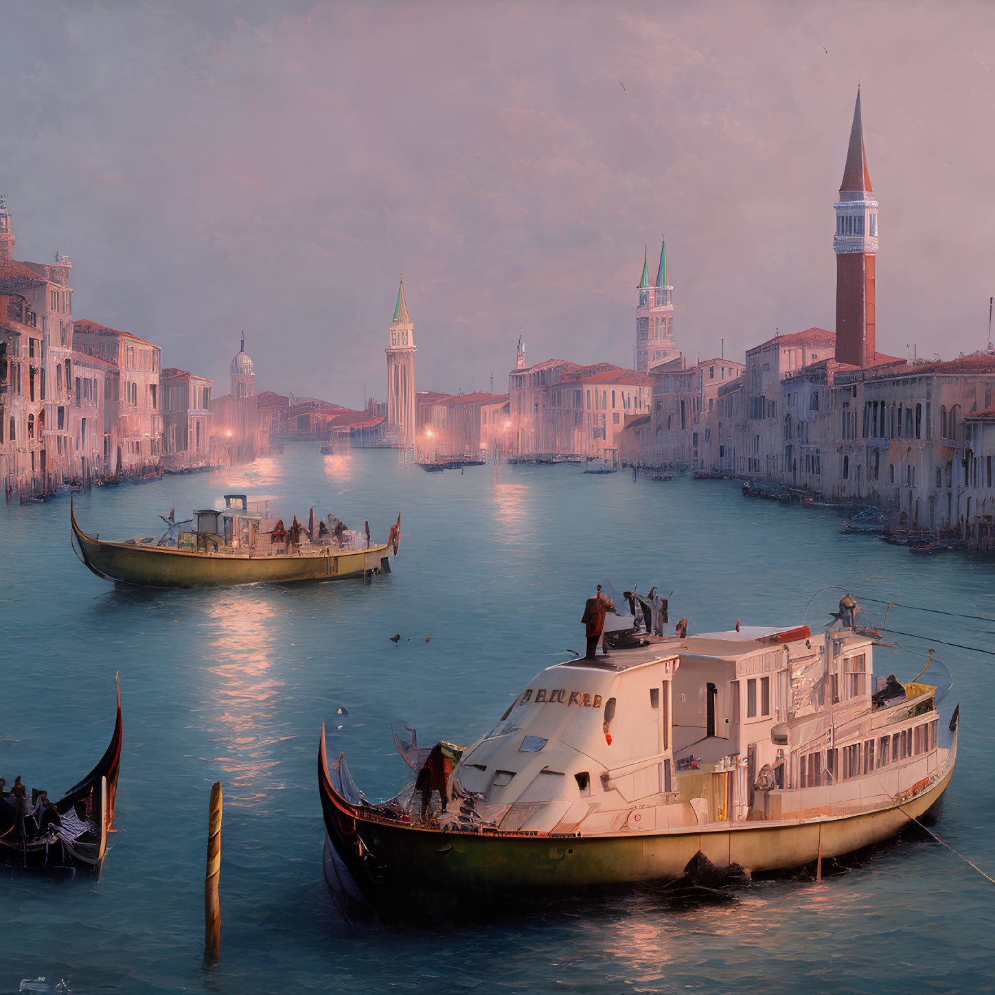 Scenic Sunset over Grand Canal with Boats and Gondolas