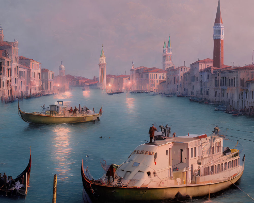 Scenic Sunset over Grand Canal with Boats and Gondolas