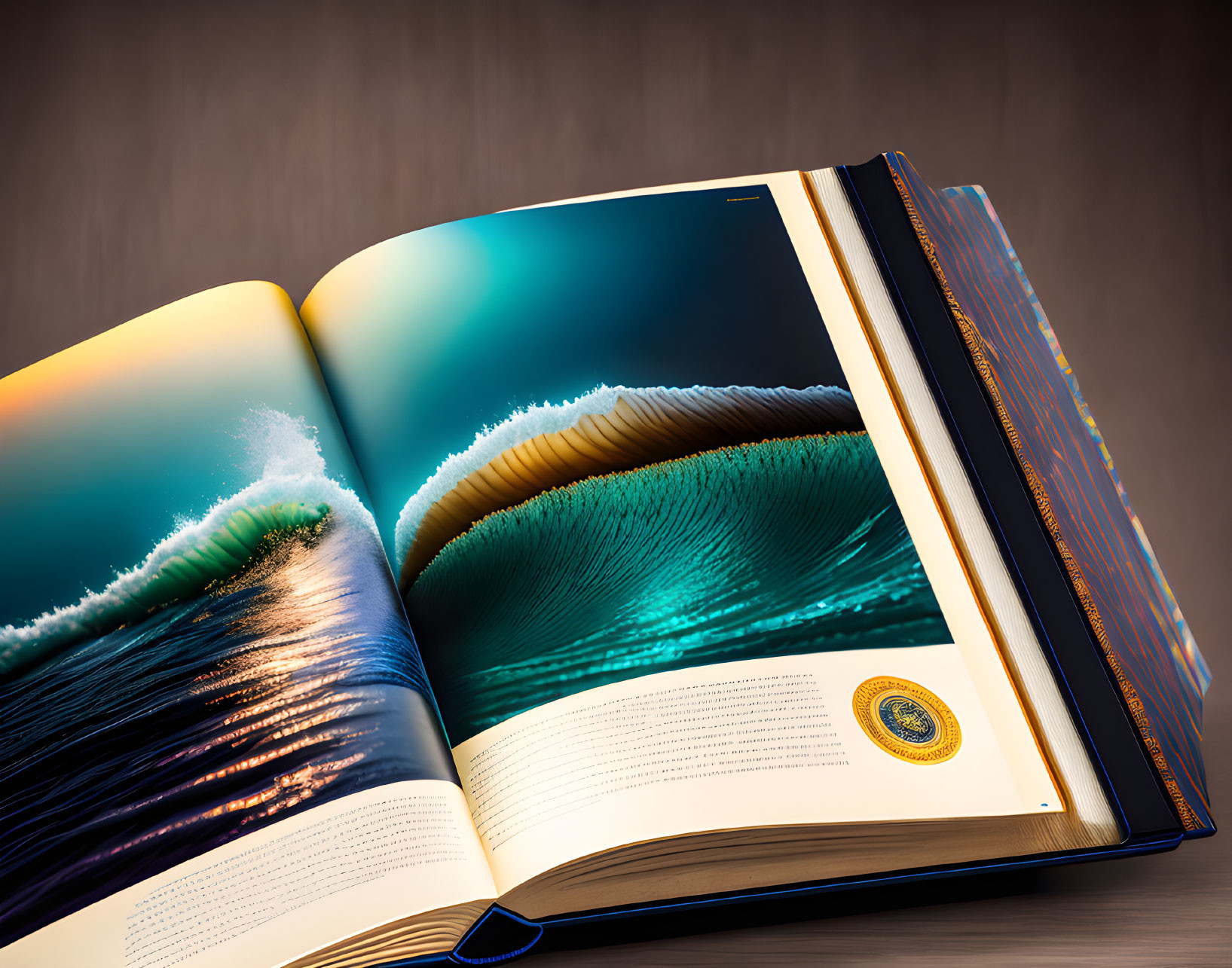 Open book with vibrant wave photo and text on neutral background