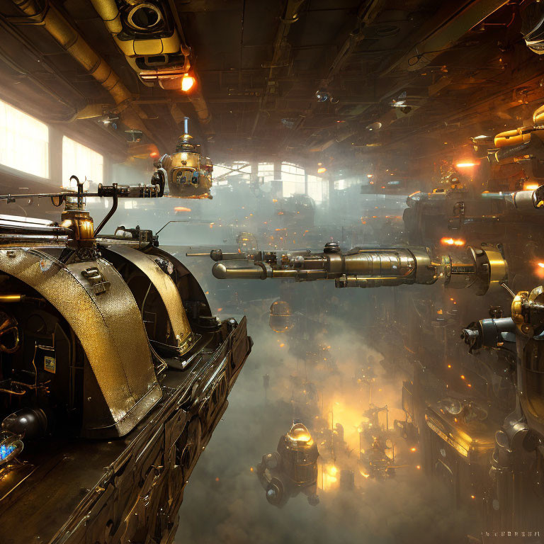 Steampunk industrial interior with pipes, machines, and glowing lights