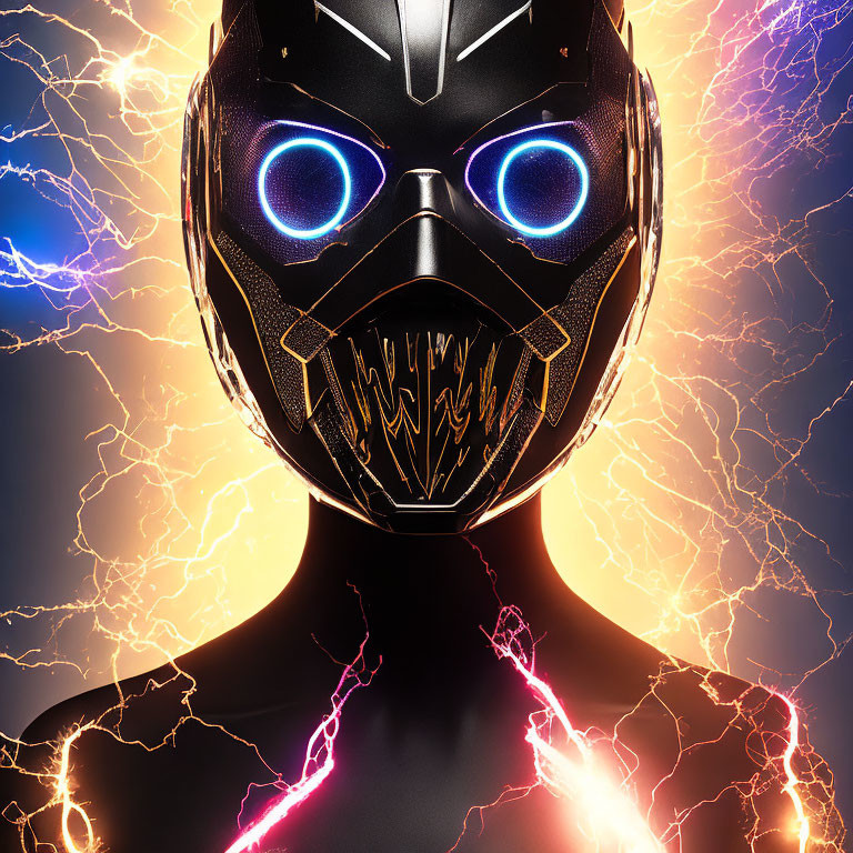 Person with futuristic black mask and glowing blue eyes in electric setting