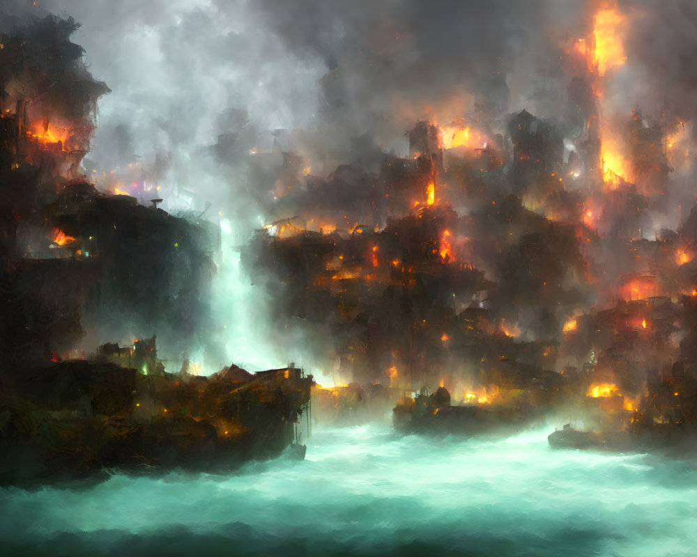 Dramatic painting of burning cityscape and waterfall scene