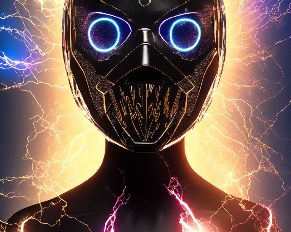 Person with futuristic black mask and glowing blue eyes in electric setting