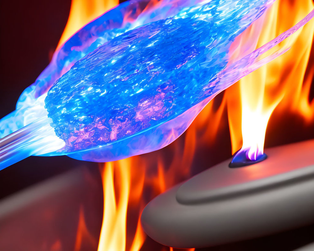 Blue icy substance on spoon heated by orange flames - striking contrast