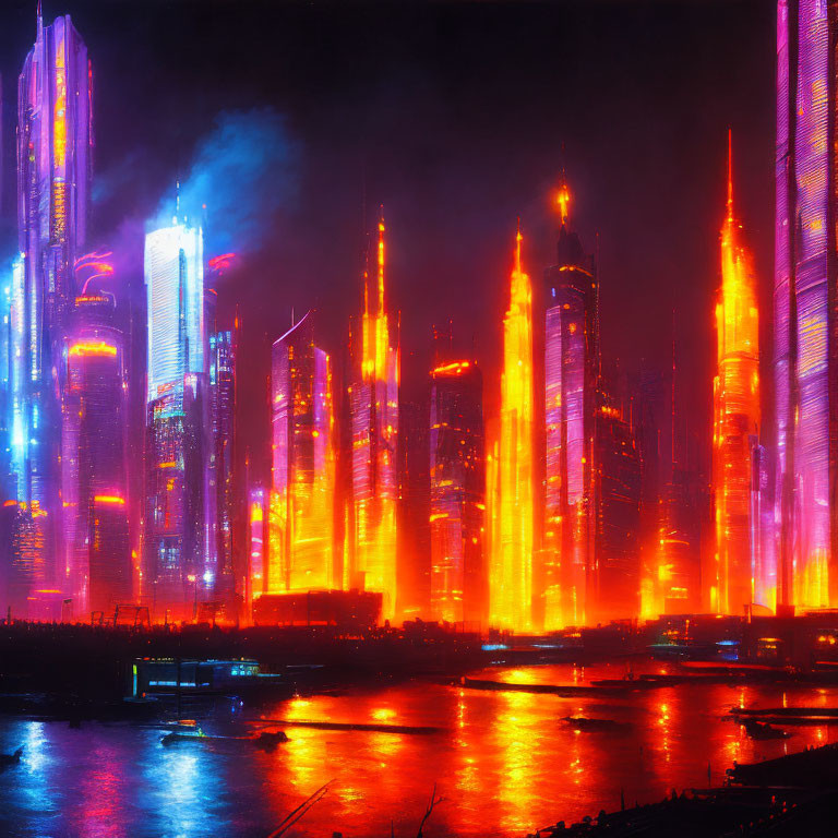 Futuristic night cityscape with neon-lit skyscrapers by a river