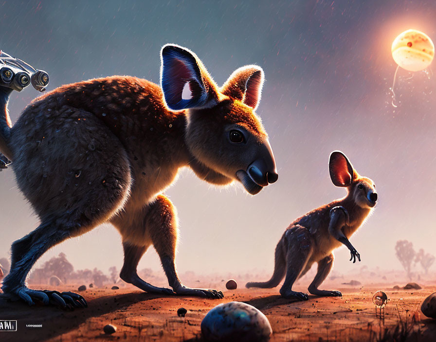 Realistic illustration of adult kangaroo and joey on barren landscape with robotic arm and multiple moons in