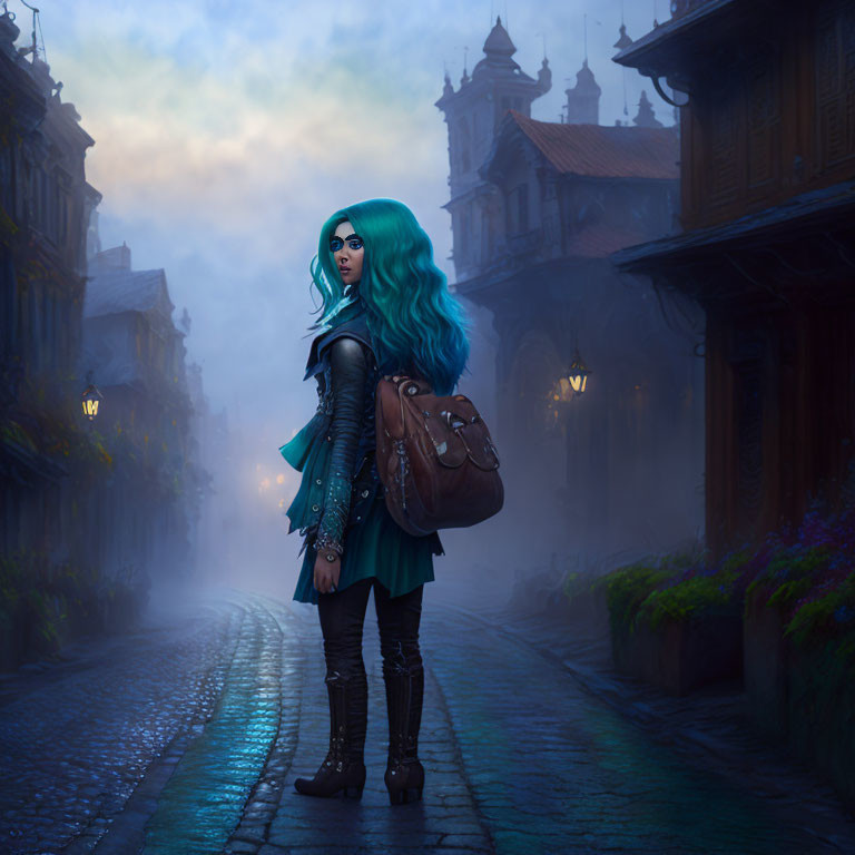 Blue-haired woman in leather outfit on foggy cobblestone street