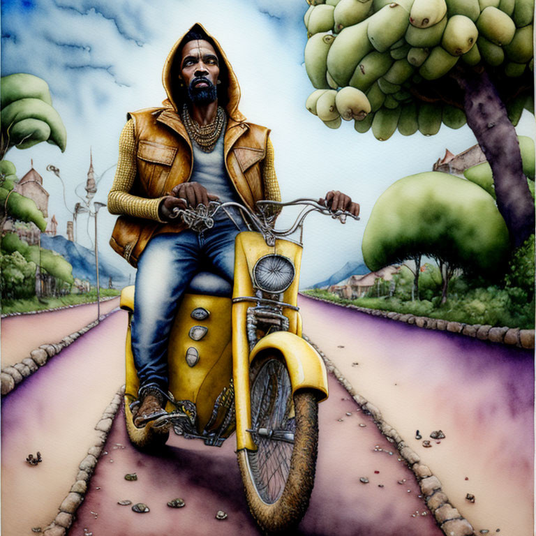 Colorful illustration of man with beard on yellow motorcycle on whimsical road